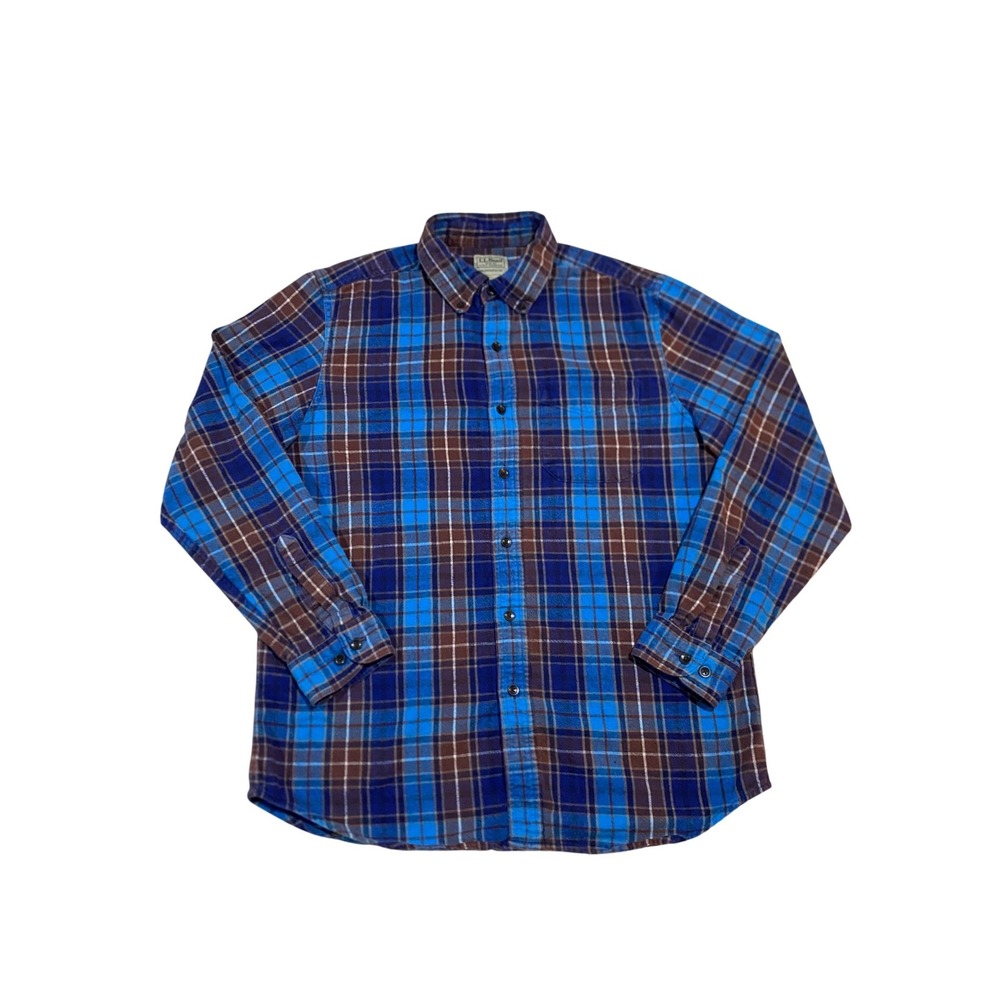 LL Bean Mens Flannel Shirt Medium Blue Brown Plaid Traditional Fit 228061